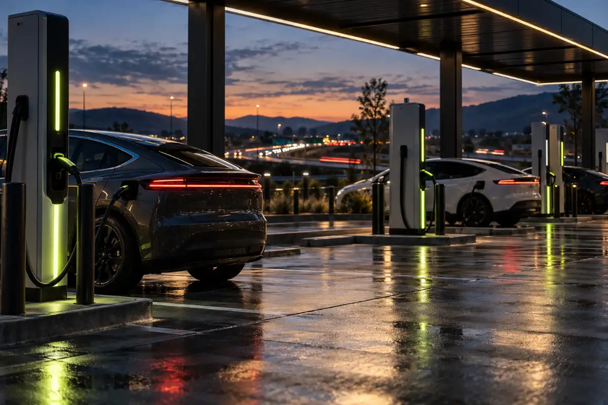 Electric cars charging at a highway fast-charging plaza at dusk